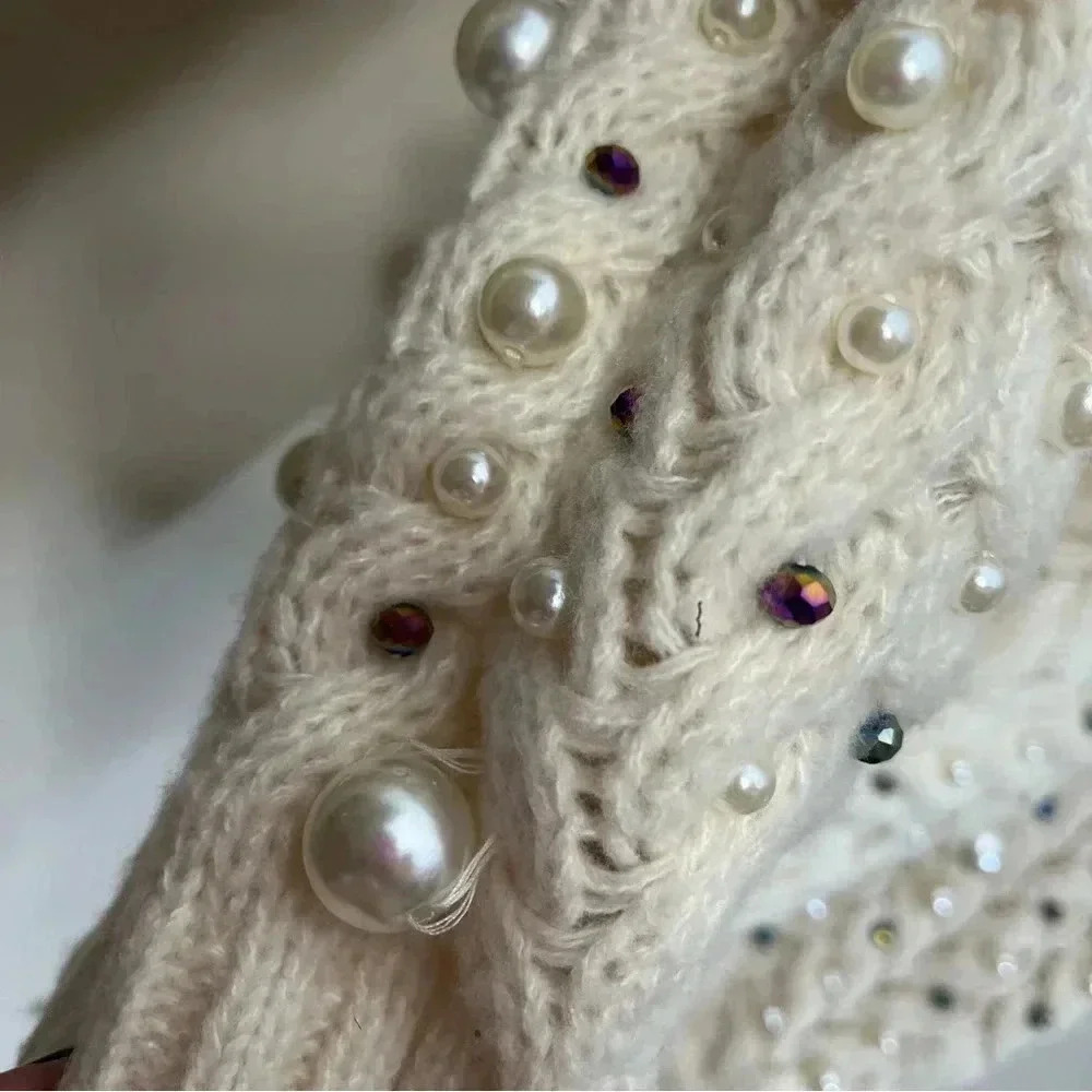 Maeve Anthropologie Ivory Kimono Things Embellished Party Pearl Holiday Sweater - Picture 7 of 14